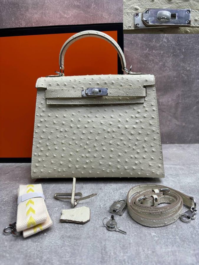 Сумка HERMES KELLY Ostrich страус 28 см серебро