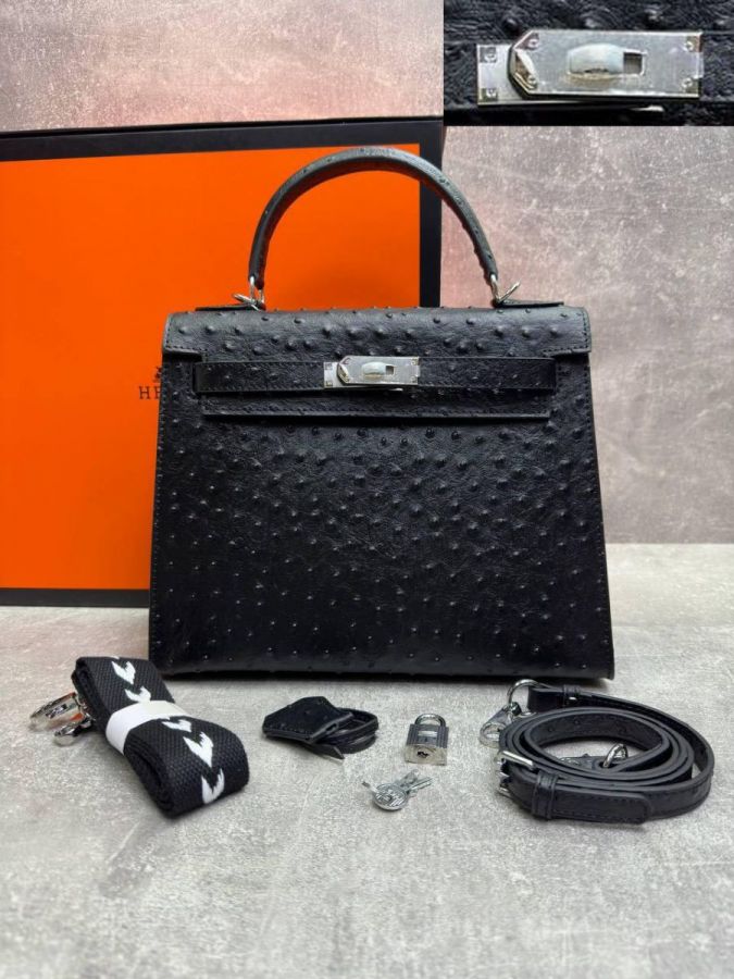 Сумка HERMES KELLY Ostrich страус 28 см серебро