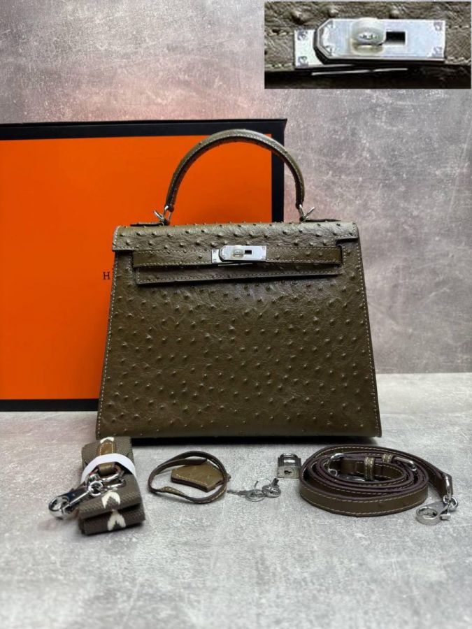 Сумка HERMES KELLY Ostrich страус 28 см серебро