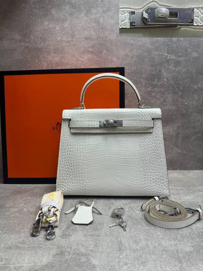 Сумка HERMES KELLY Crocodile 28 см серебро