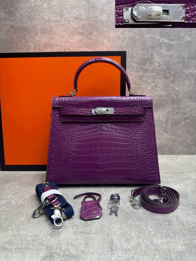 Сумка HERMES KELLY Crocodile 28 см серебро