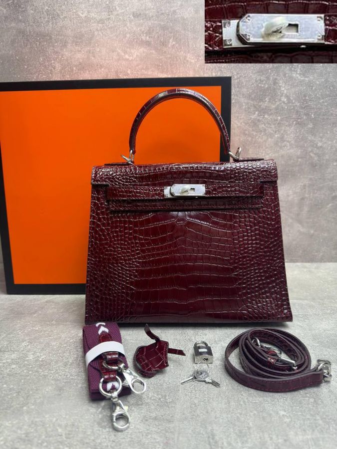 Сумка HERMES KELLY Crocodile 28 см серебро