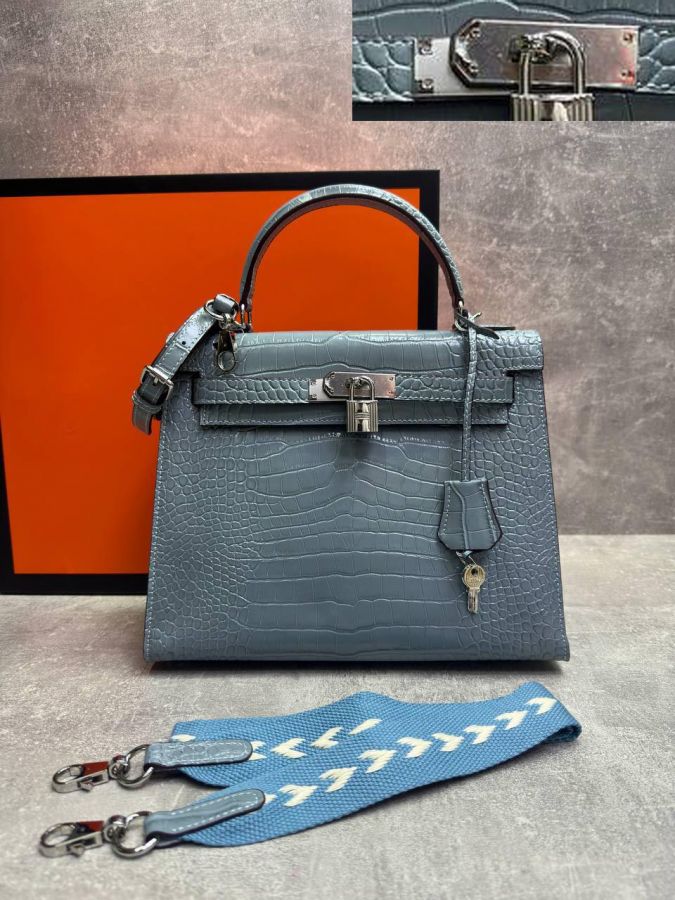 Сумка HERMES KELLY Crocodile 28 см серебро