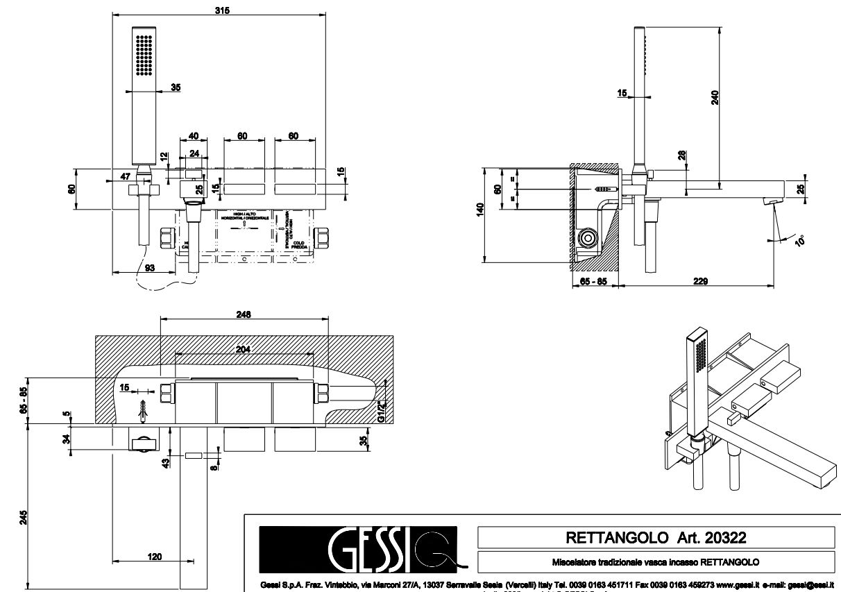 Смеситель Gessi Rettangolo T для ванны/душа 20323 схема 3