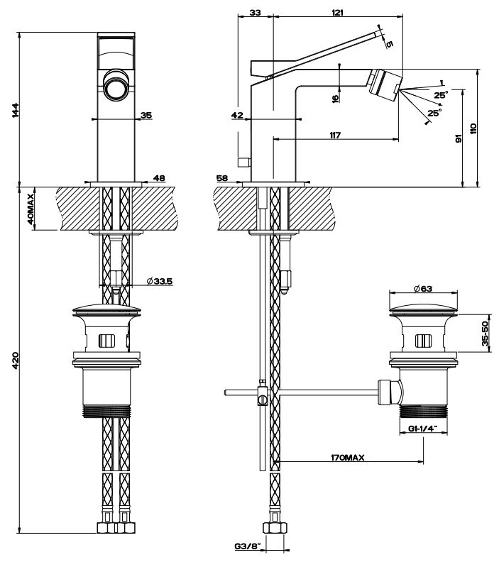 Смеситель Gessi Rettangolo K для биде 53007 схема 2