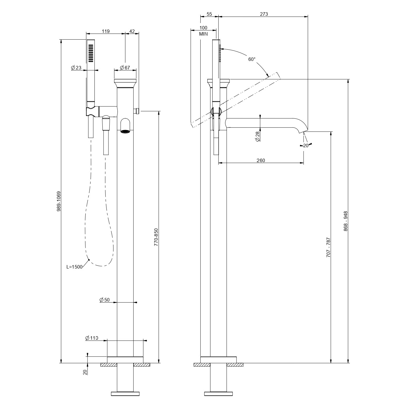 Напольный смеситель для ванны Gessi Origini 66028 схема 2