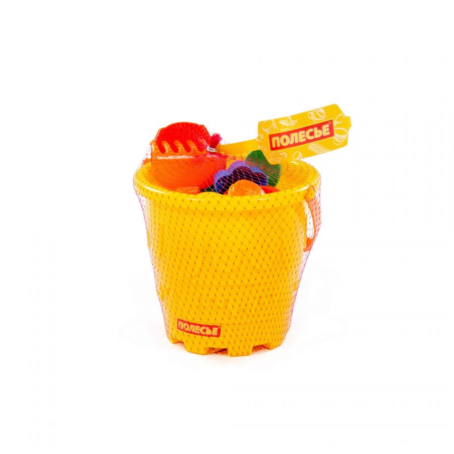 Набор №530: ведро-замок большое, совок №2, грабельки №2, формочки (краб №2 + морской конёк + ракушка №2 + черепаха), лейка малая №3