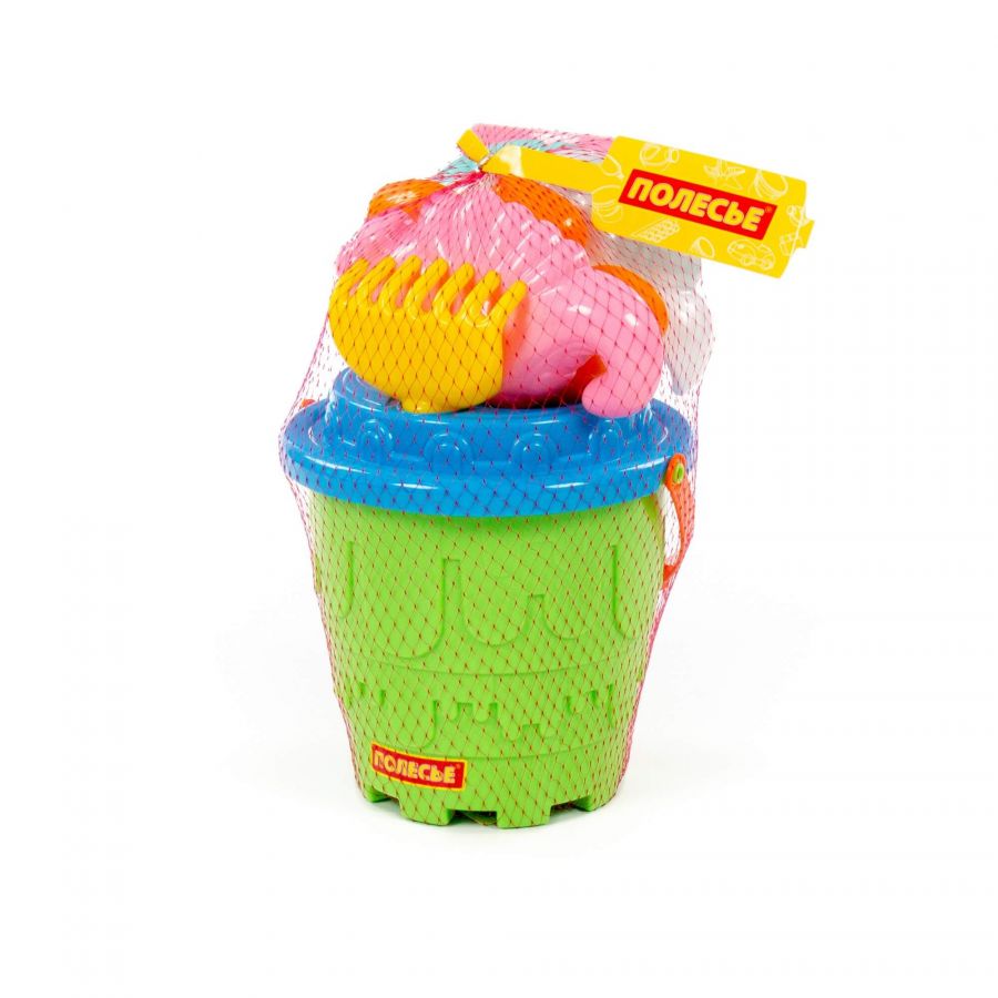 Набор №532: ведро-замок большое, ситечко-замок, лопатка №5, грабельки №5, формочки (краб №2 + морской конёк + ракушка №2 + черепаха)