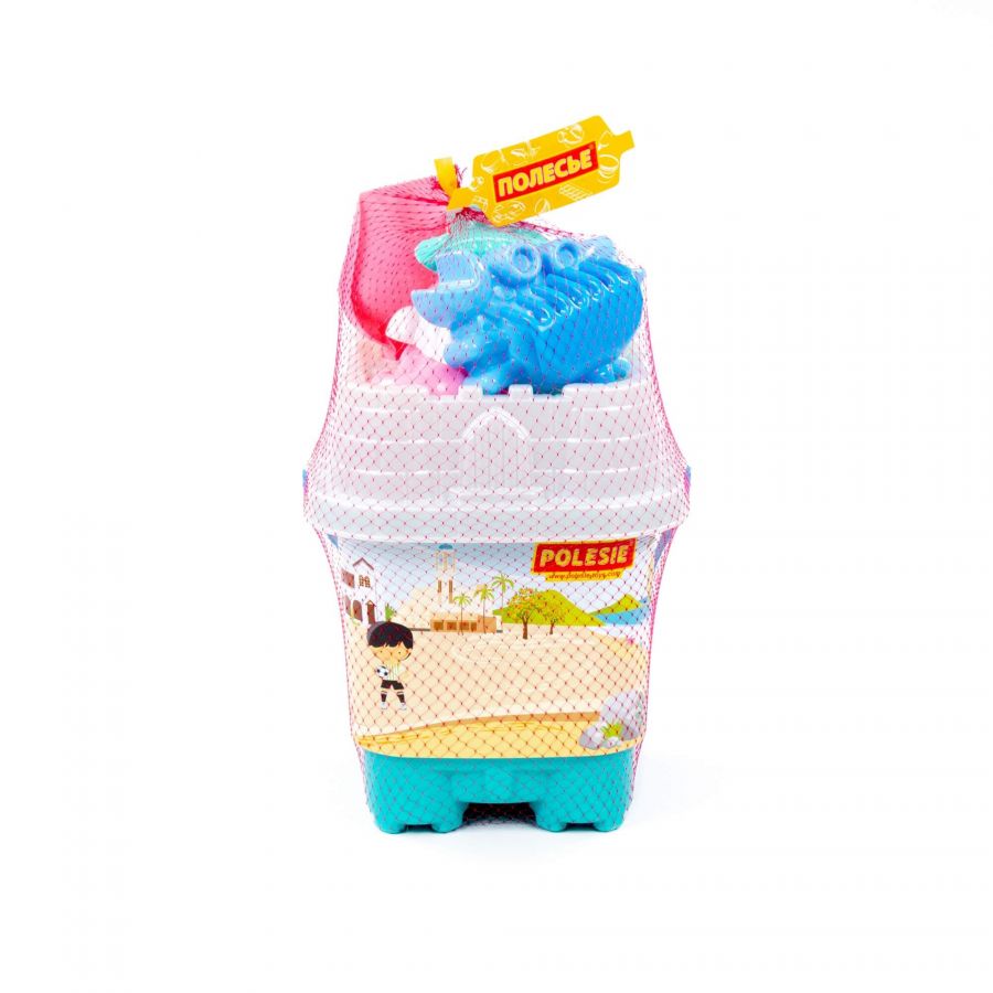 Набор №592: ведро-замок большое с наклейкой, ситечко-замок большое, лопатка №5, грабельки №5, формочки 4 шт