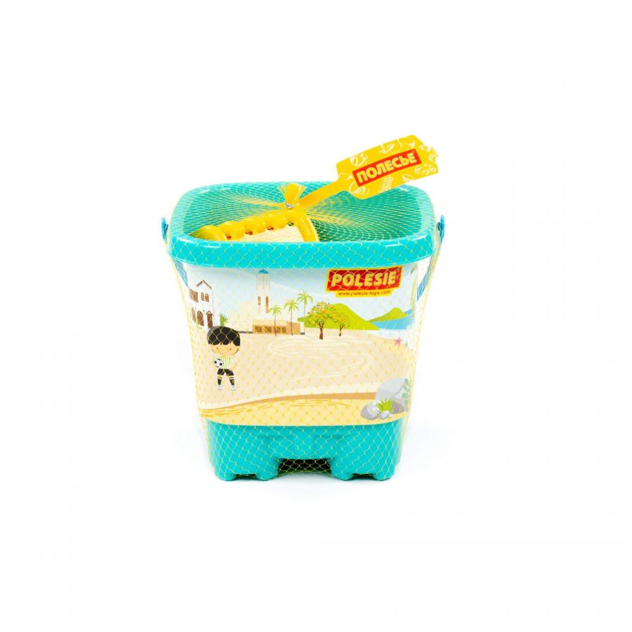 Набор №594: ведро-замок большое с наклейкой, совок №10, грабли №10, формочки (краб №2 + морской конёк + морская звезда №2 + ракушка №2 + черепаха)