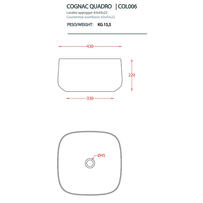 Раковина Artceram Cognac Quadro 55 COL006 43х43 схема 18