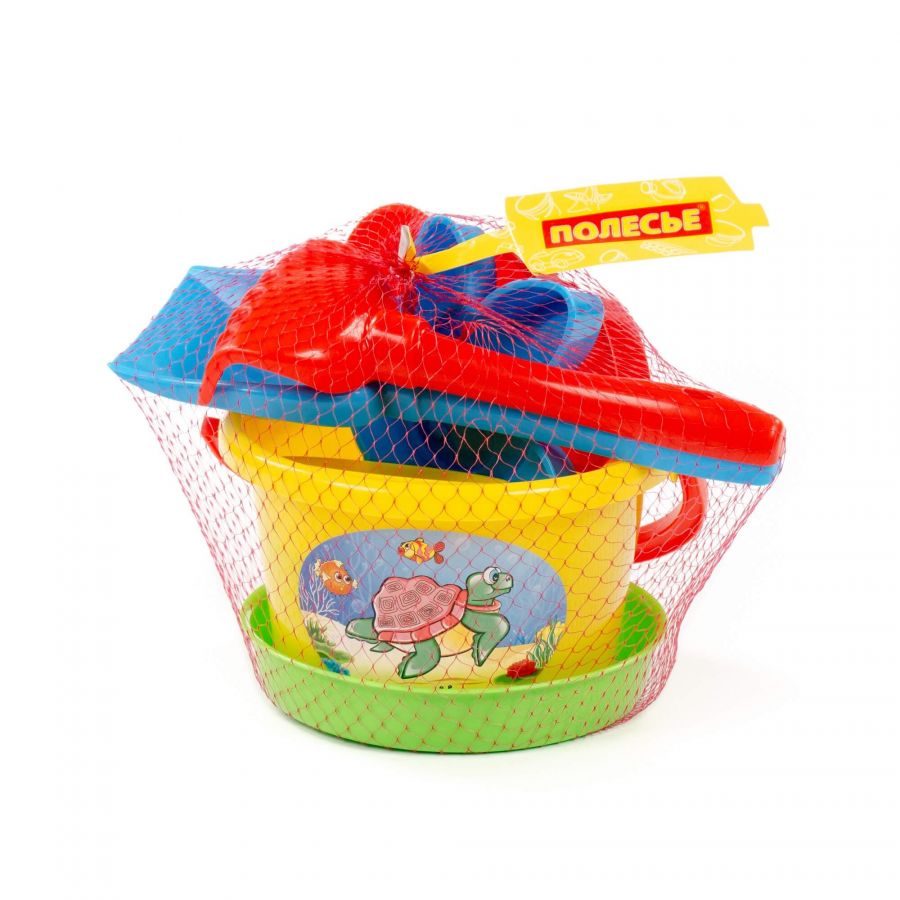 Набор №143: ведро среднее, ситечко, лопатка №5, грабельки №5, формочки (белочка + пёсик), 2 формочки