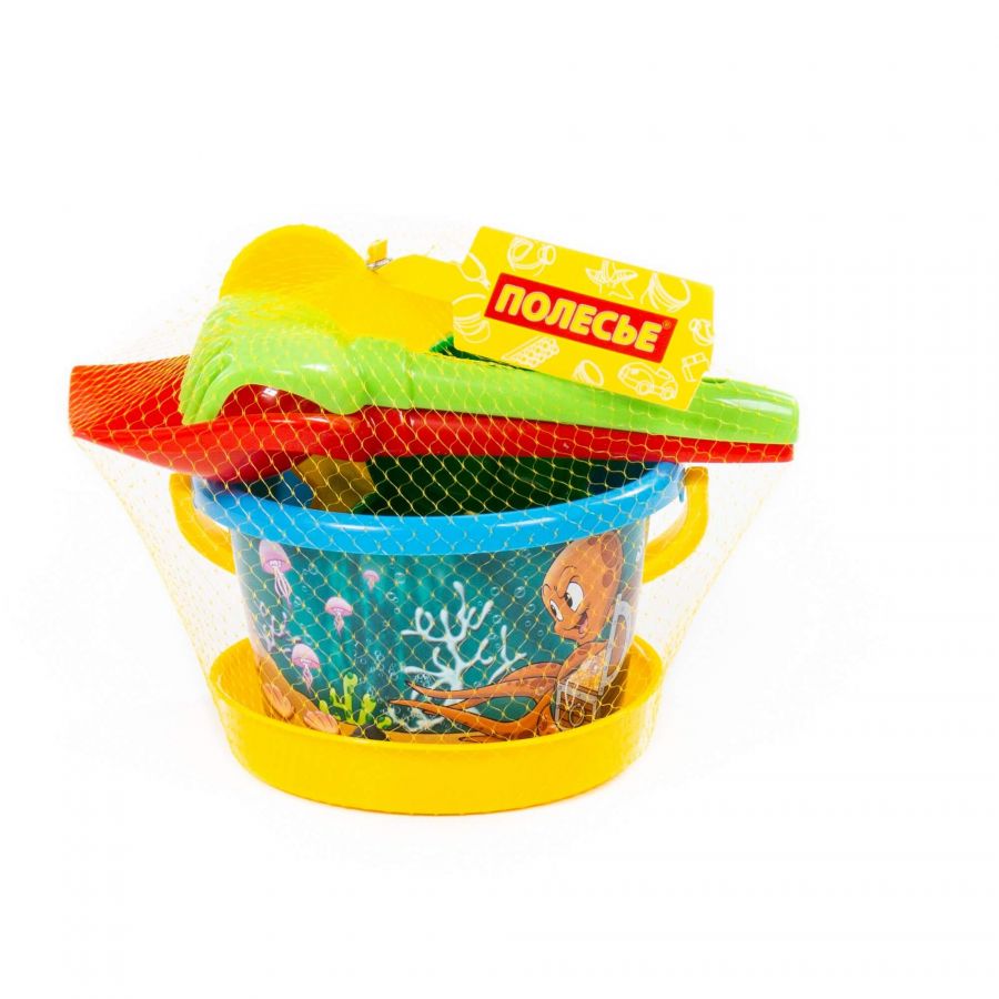 Набор №213: ведро среднее с наклейкой, ситечко, лопатка №5, грабельки №5, формочки (белочка + пёсик), 2 формочки