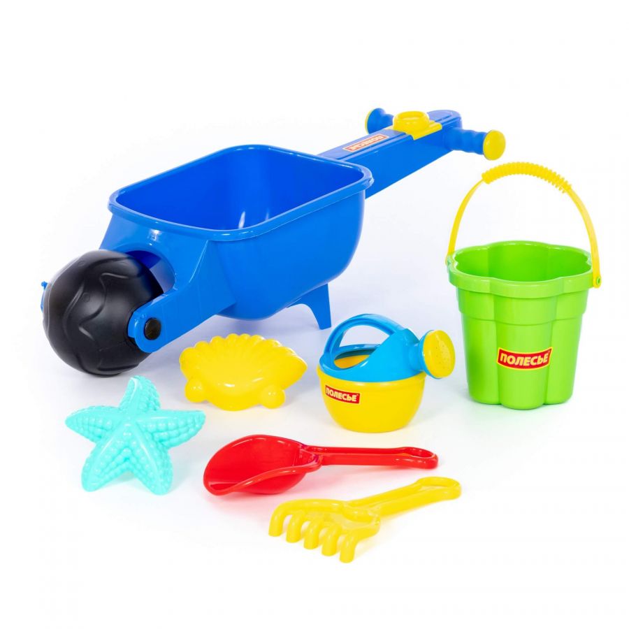 Набор №337: тачка "Малыш", ведро-цветок среднее №3, совок №10, грабли №10, формочки (морская звезда №1 + ракушка №1), лейка малая №4