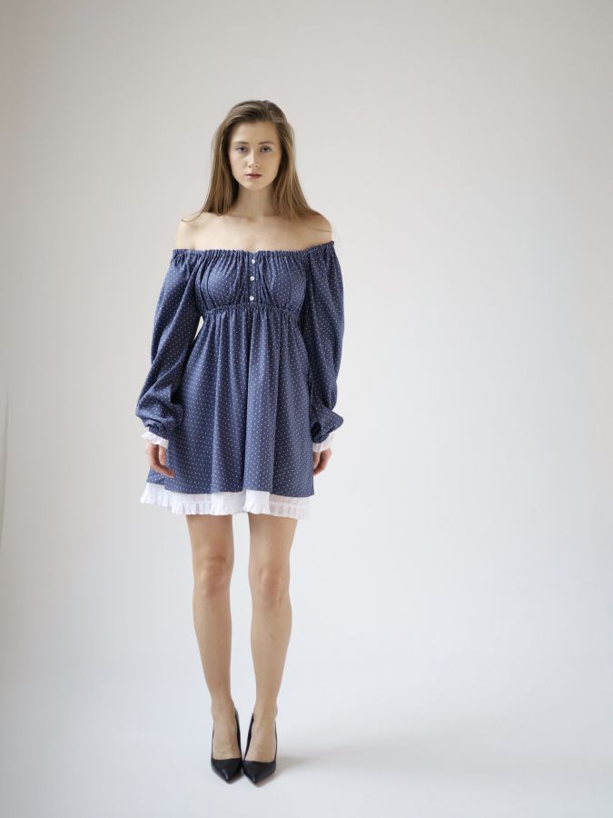 Платье Babydoll джинс в горошек