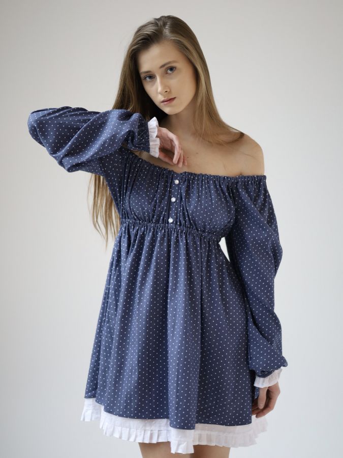 Платье Babydoll джинс в горошек