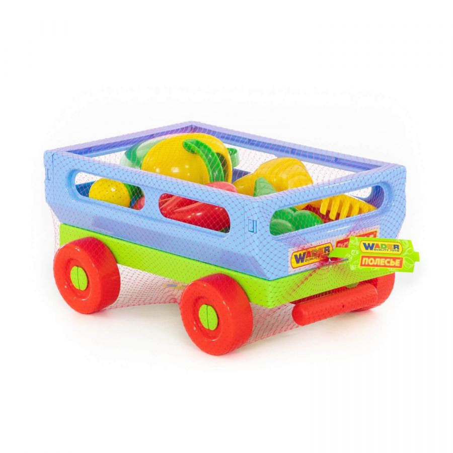 Набор №484: тележка с ручкой №2, лопата №6, грабли №6, формочки (мороженое + пирожок + крендель + рогалик), лейка №8