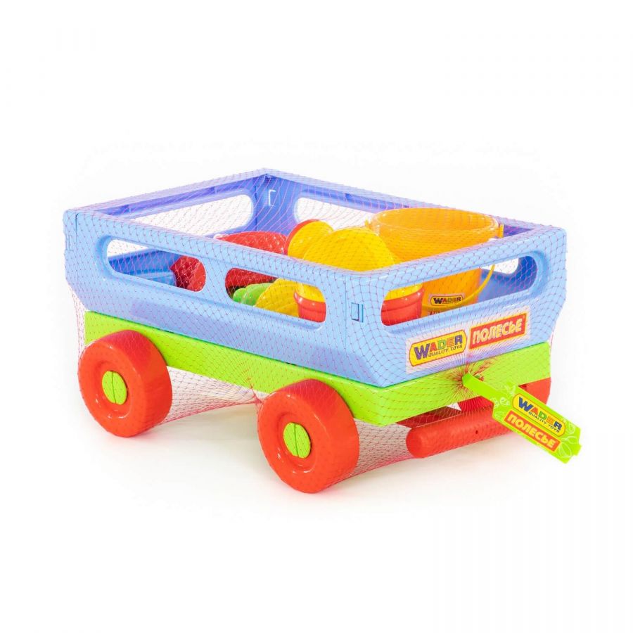 Набор №487: тележка с ручкой №2, ведро малое, лопатка №5, грабельки №5, формочки 4 шт, лейка малая №4