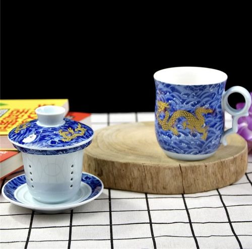 Кружка с ситом " Дракон в синем море" фарфор 280 мл