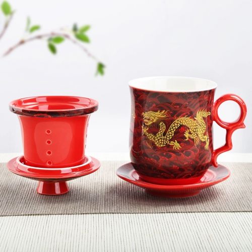 Кружка с ситом " Дракон в красном море" фарфор 280 мл