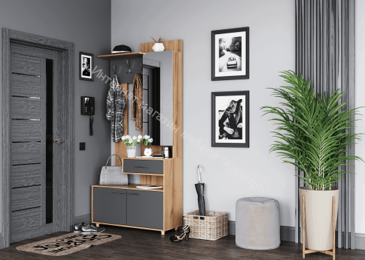 Вешалка с зеркалом "Граф" (правое исполнение) Тёмно серый/Дуб золотистый