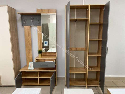 Вешалка с зеркалом "Граф" (правое исполнение) Тёмно серый/Дуб золотистый