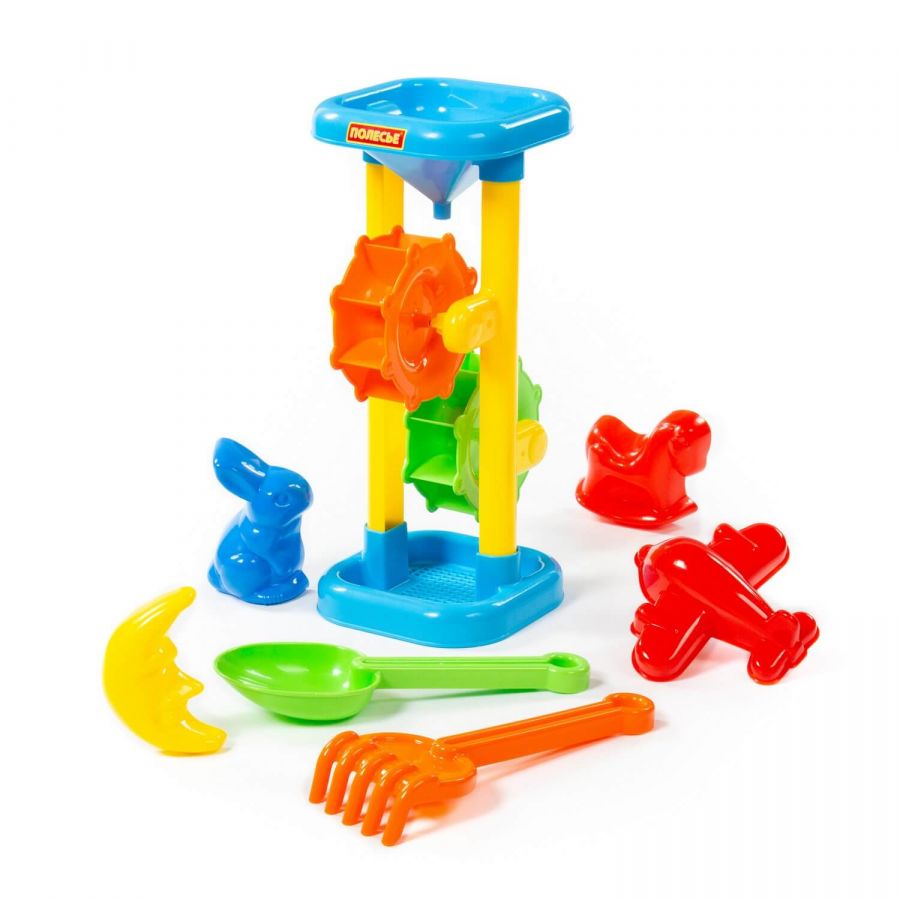 Набор №282: песочная мельница (h=308 мм), совок №7, грабельки №7, формочки (заяц + лошадка + месяц + самолёт)