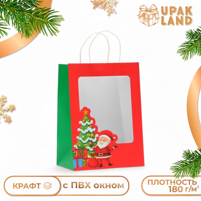 Пакет подарочный новогодний с окном "Дед Мороз" 30 х 22 х 14 см.