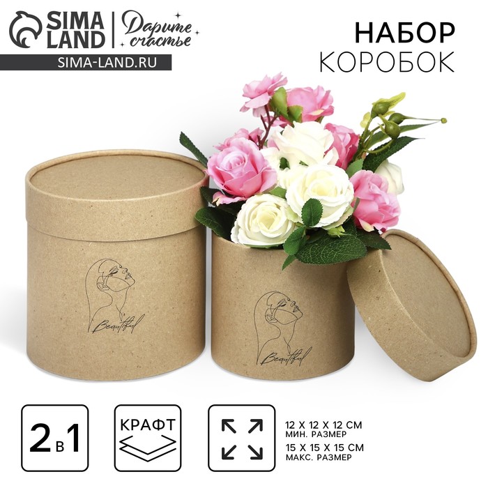 Набор шляпных коробок из крафта 2 в 1, упаковка подарочная, Beautiful, 12 х 12 х 12, 15 х 15 х 15 см