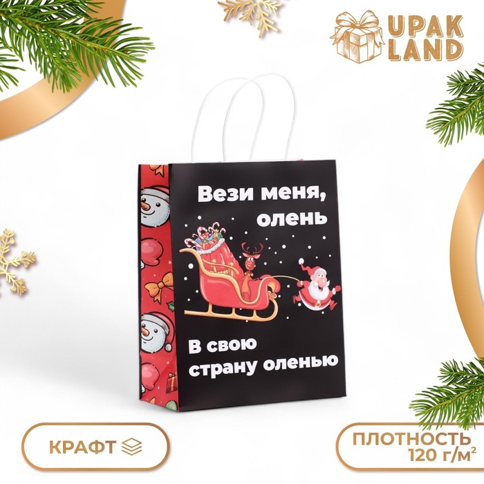 Пакет бумажный подарочный новогодний крафт, "Вези меня" , 27 х 21 х 11 см.