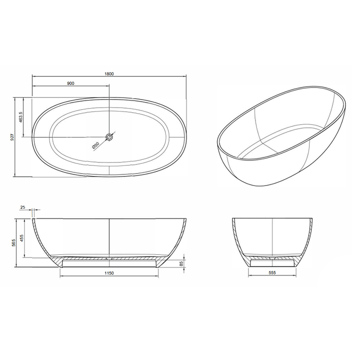 Отдельностоящая ванна Knief Oval Shape Solid Surface из полимерного материала 180х93x56 см 700010 схема 2