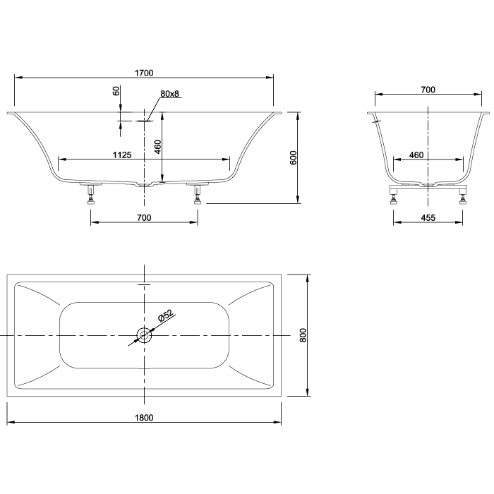 Встраиваемая ванна Knief Shape с click-clack 180x80x60 cм 0600-750-01 схема 2