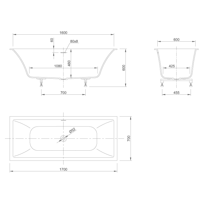 Встраиваемая ванна Knief Shape с click-clack без отверстий под смеситель 170x70x60 cм 0600-730-01 схема 2