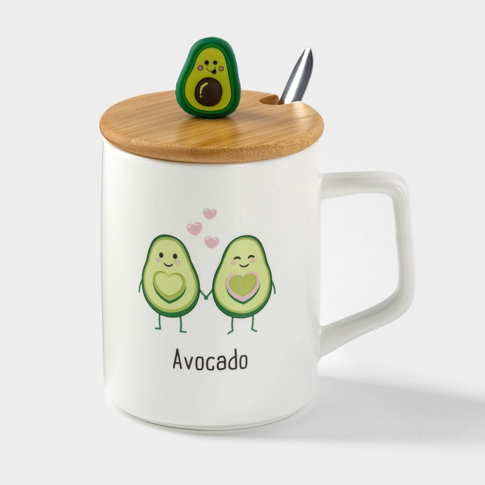 Кружка с крышкой и ложкой Avocado, 360 мл, керамика, цвет белый