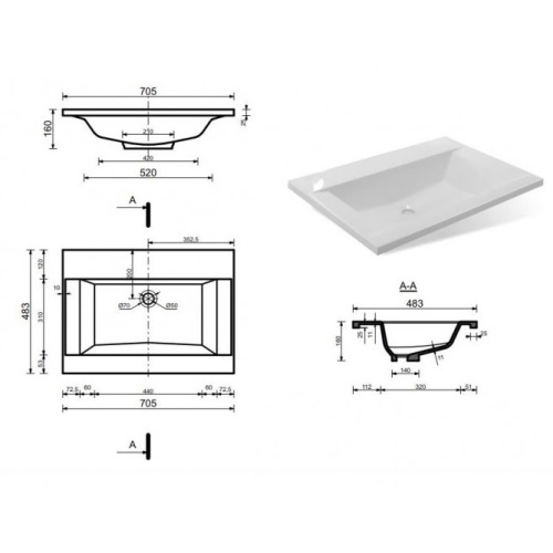 Тумба с раковиной Эстет Рава 70 см  700-1070x505 мм Рава 70 3 ящ ФОТО