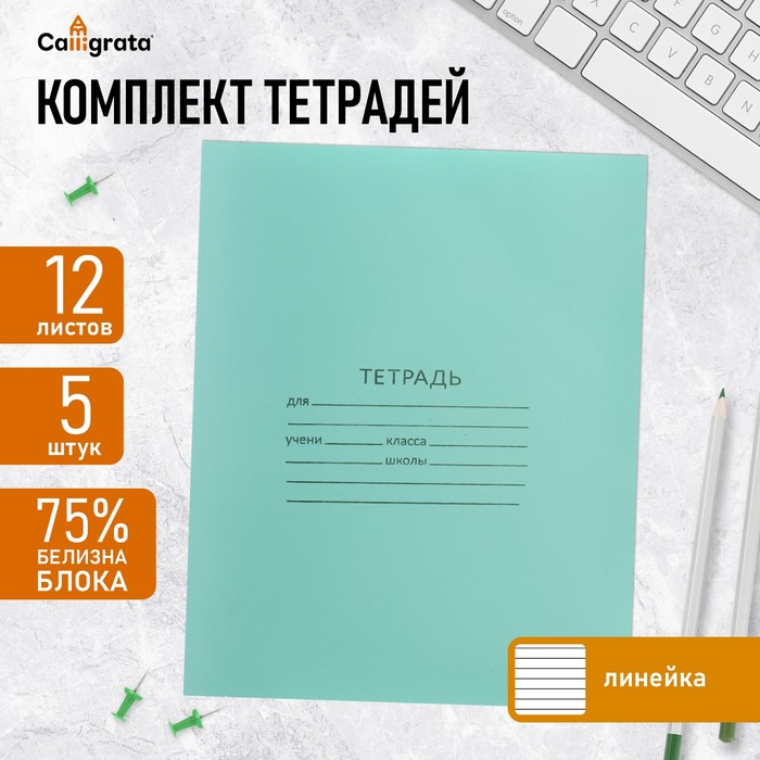 Комплект тетрадей из 5 штук, 12 листов в линию КПК "Зелёная обложка", блок №2, белизна 75% (серые листы)