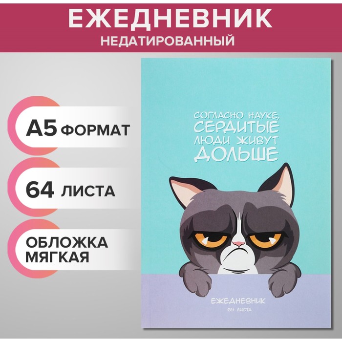 Ежедневник недатированный на склейке А5, 64 листа, мягкая обложка "Сердитый котик"