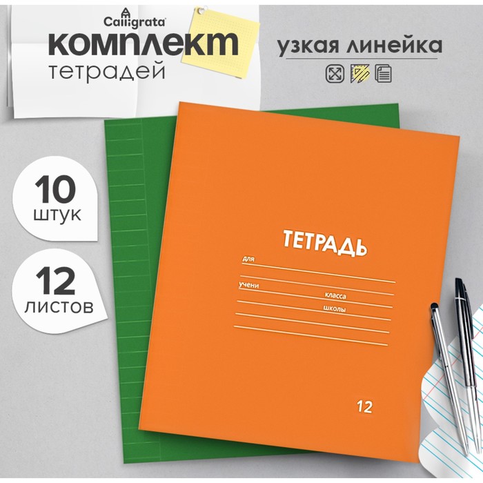 Комплект тетрадей из 10 штук, 12 листов в узкую линию Calligrata "Однотонная Классика Линовка. Эконом", обложка мелованная бумага, ВД-лак, блок №2, белизна 75% (серые листы), 5 видов по 2 штуки