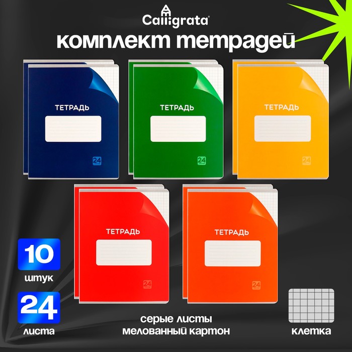 Комплект тетрадей из 10 штук, 24 листа в клетку Calligrata "Однотонная Классика с уголком. Эконом", обложка мелованный картон, ВД-лак, блок №2, белизна 75% (серые листы), 5 видов по 2 штуки