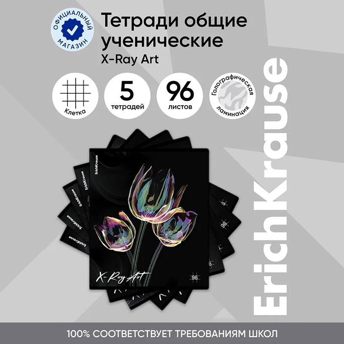 Тетрадь 96 листов в клетку, ErichKrause X-Ray Art, обложка мелованный картон, голографическая ламинация, блок офсет 100% белизна, МИКС