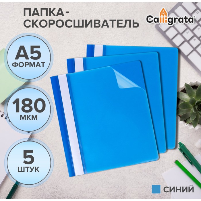 Набор папок-скоросшивателей А5, 5 штук, Calligrata, 180 мкм, с прозрачным верхом, синий