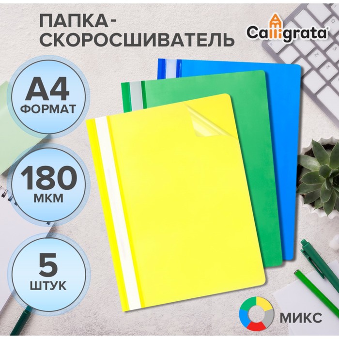 Набор папок-скоросшивателей А4, 5 штук, Calligrata, 180 мкм, с прозрачным верхом, МИКС