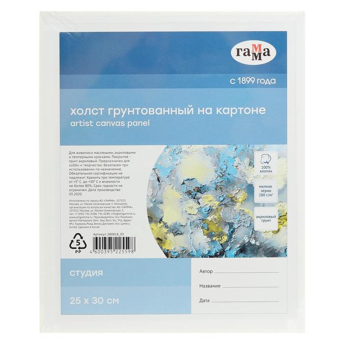 Холст на картоне 25 х 30 см, хлопок 100%, акриловый грунт, мелкозернистый, "Студия"