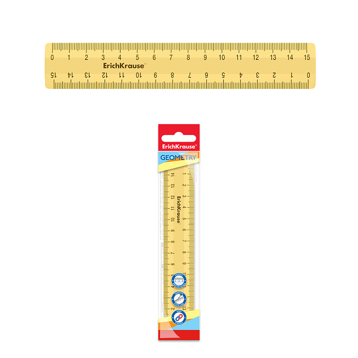 Линейка 15 см ErichKrause "Iris", пластик, двусторонняя шкала, непрозрачная, желтая, европодвес