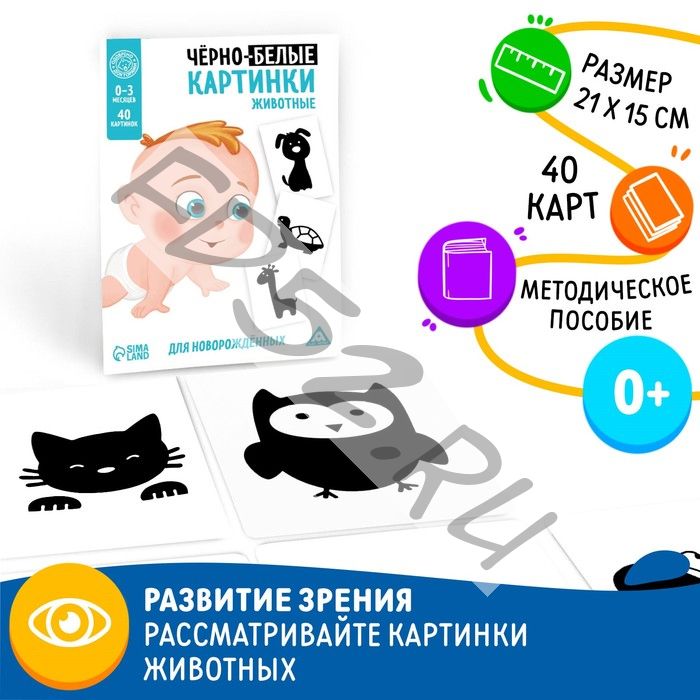 Черно-белые картинки для новорожденных «Животные», 20 карт, 0+