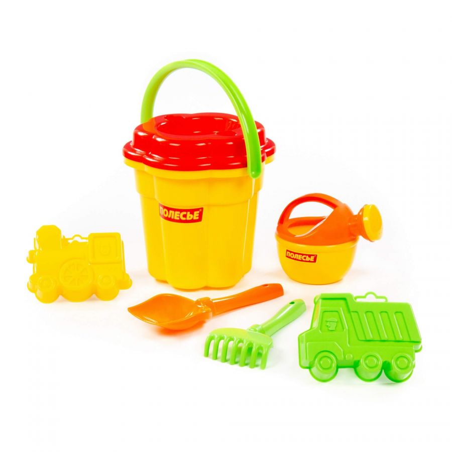 Набор №279: ведро-цветок большое, ситечко-цветок большое, лопатка №5, грабельки №5, формочки (самосвал + паровоз), лейка малая №4