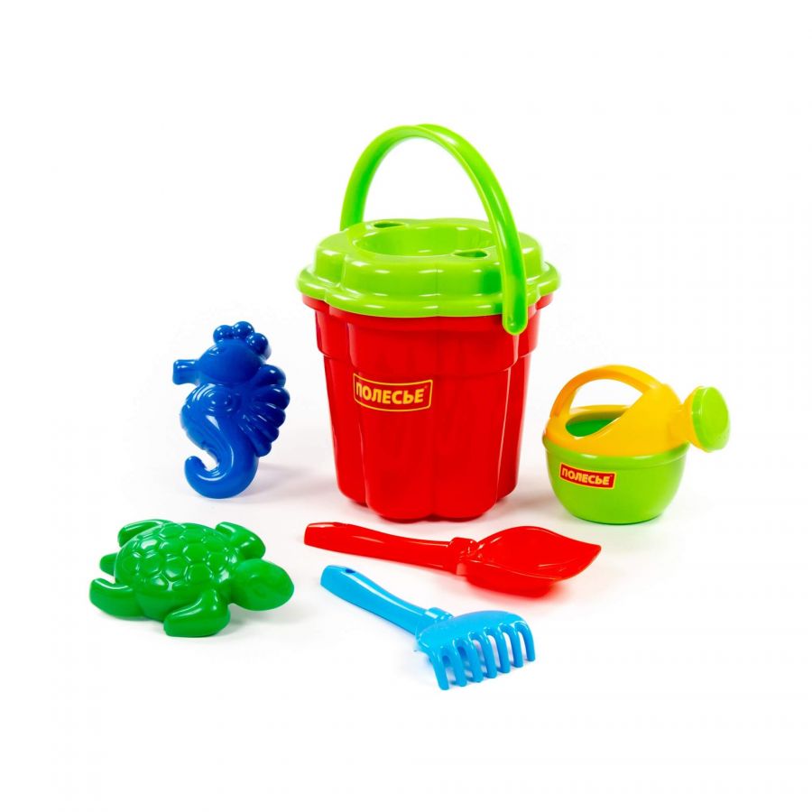 Набор №363: ведро-цветок большое, ситечко-цветок большое, лопатка №5, грабельки №5, формочки (морской конёк + черепаха), лейка малая №4