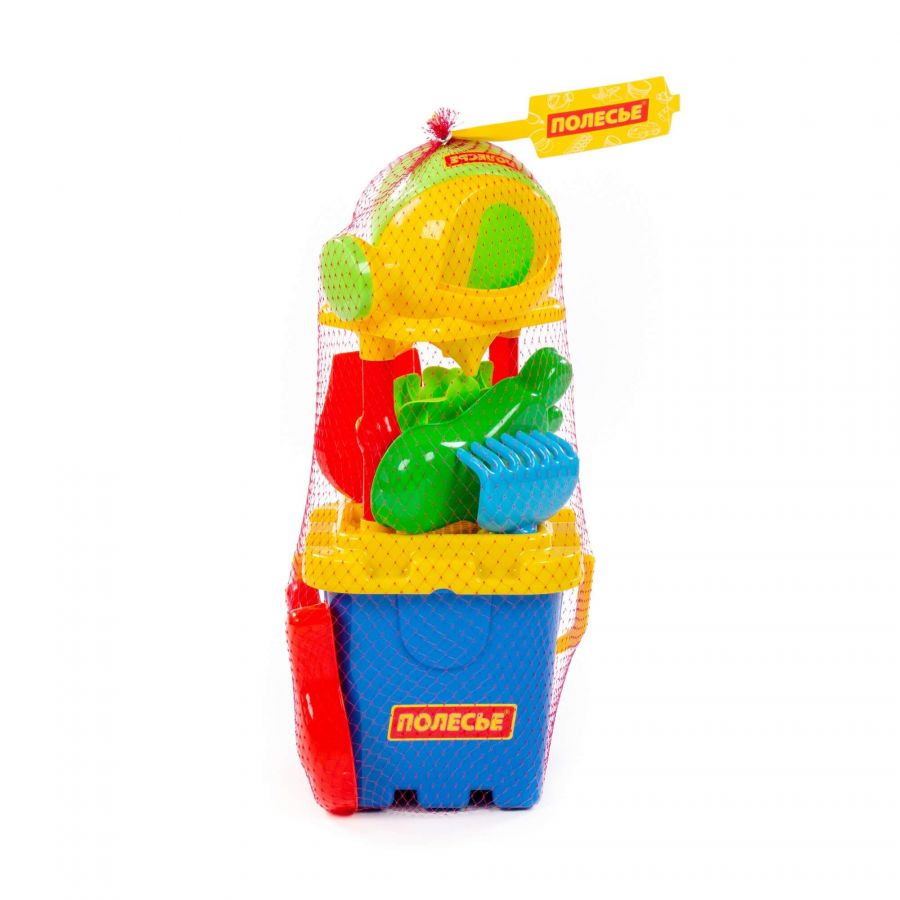 Набор №286: песочная мельница №2, ведро-крепость большое, лопатка №5, грабельки №5, формочки (ладошка + ножка), лейка малая №4