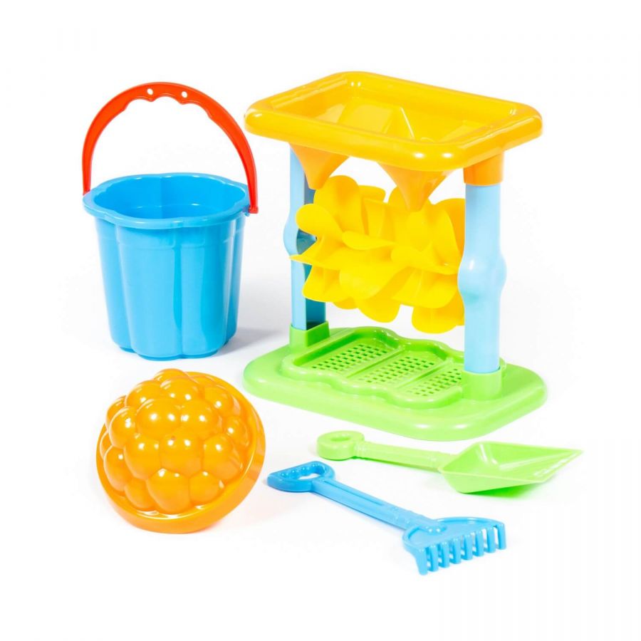 Набор №347: песочная мельница №2 с основанием, ведро-цветок малое, лопатка малая №3, грабельки малые №3, 1 формочка