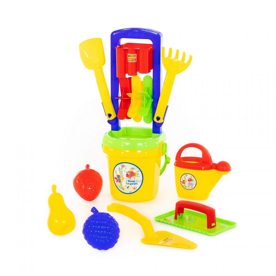 Набор №457: песочная мельница №4, ведро №9, лопатка №31, грабельки №31, формочки "Фрукты" 3 шт, лейка №10, набор каменщика №5